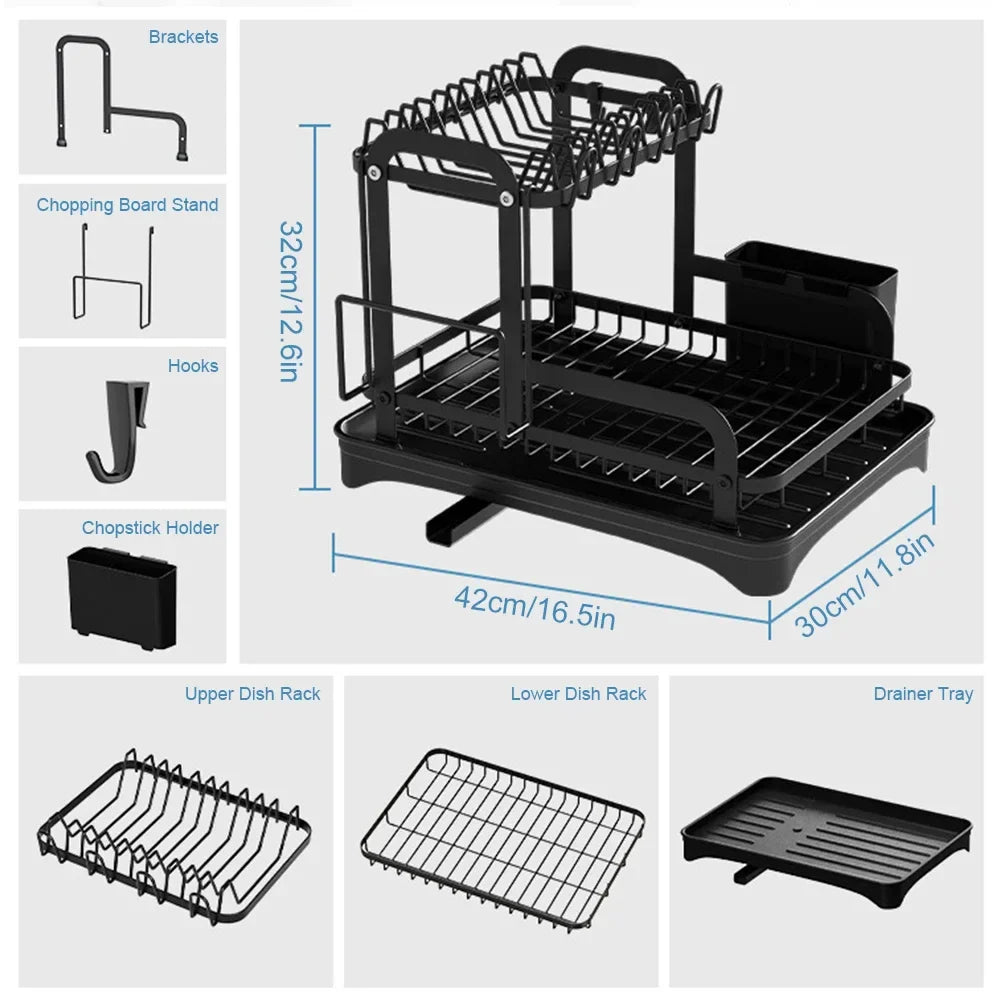 Égouttoir à Vaisselle 2 Niveaux – Avec Bac de Récupération et Système de Drainage 360° - MyKitchyTools™